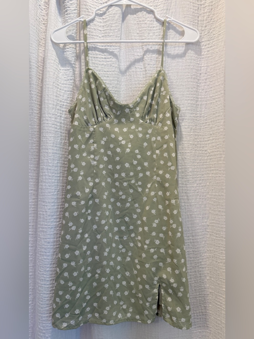 Princess Polly Remia Sage Green Floral Slip Mini Dress Thigh Slit Lace Trim